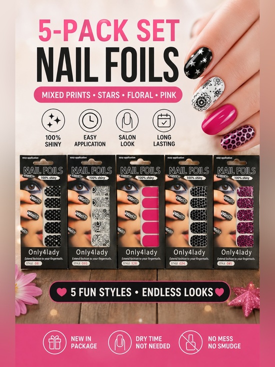 Other - NWT Set of 5 Only4lady Nail Foils - Mixed Prints, Stars, Floral & Pink